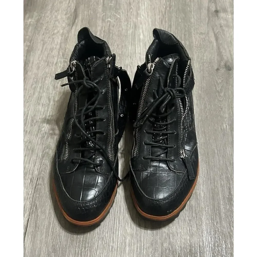 Giuseppe Zanotti Black Croc Embossed Leather High Top Sneakers Double Zip EU 39